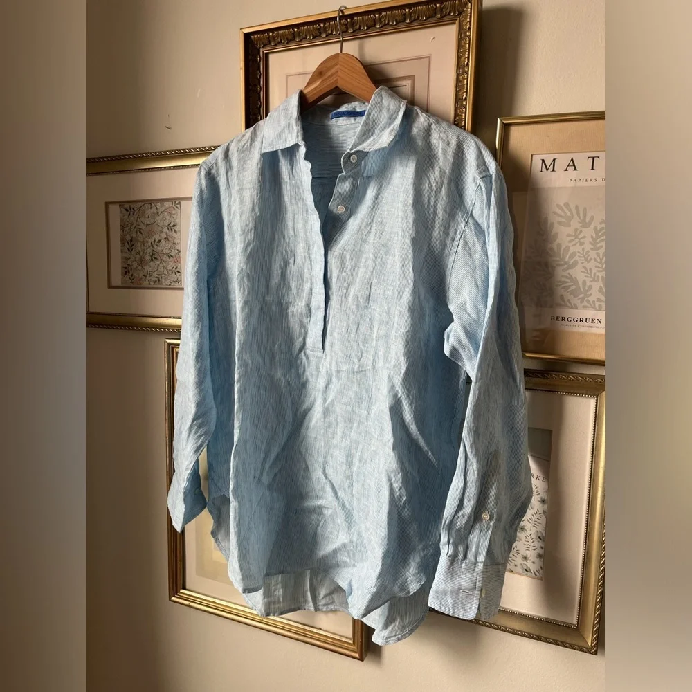 J. McLaughlin 100% Linen Quarter Button Up Blouse Top Blue Large - Picture 10 of 11